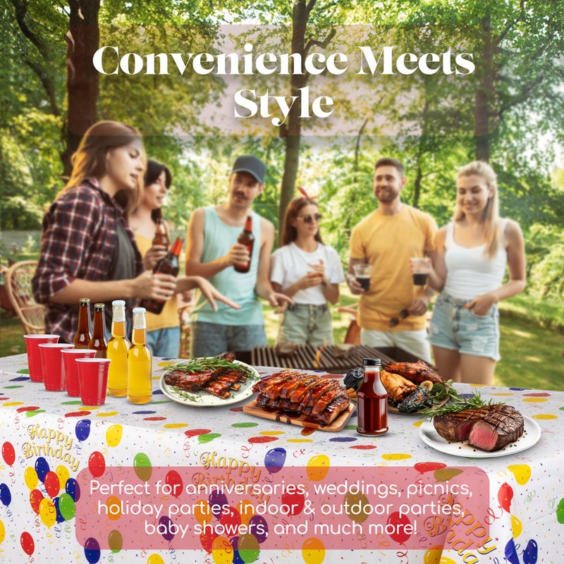 Grandipity Happy Birthday 6 Pack Premium Disposable Plastic Picnic Tablecloth 54 Inch. x 108 Inch. Decorative Rectangle Table Cover - Image 3